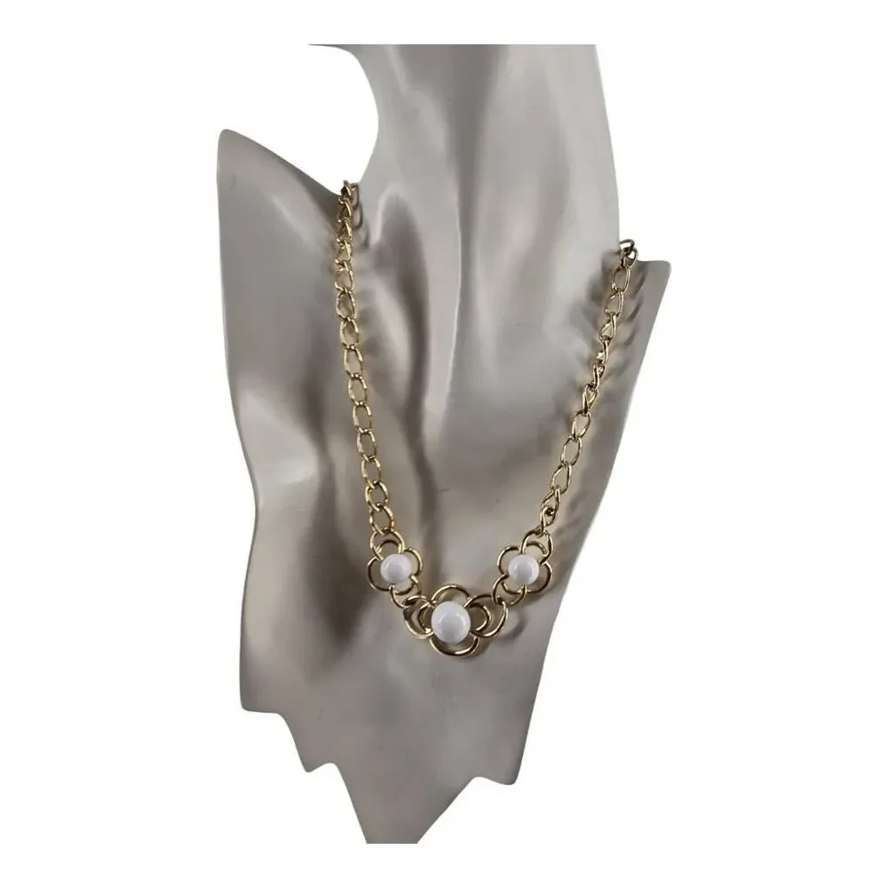 Vintage Monet Gold Tone White Cabochon Floral Necklace